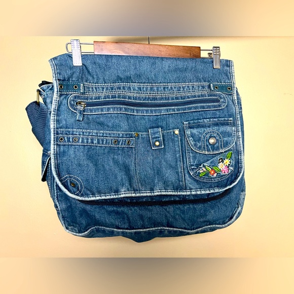 SO Handbags - Vintage Y2K Floral Stitched Faded Denim Jean Sling Crossbody Backpack Book Bag